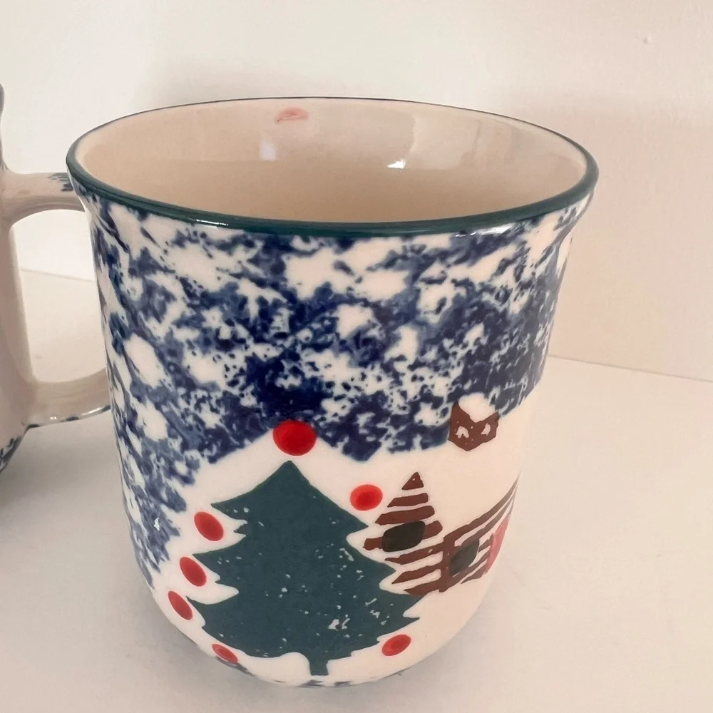 Folk Craft Cabin in the Snow Blue Spongware Christmas Mug by Tienshan Set Of 2